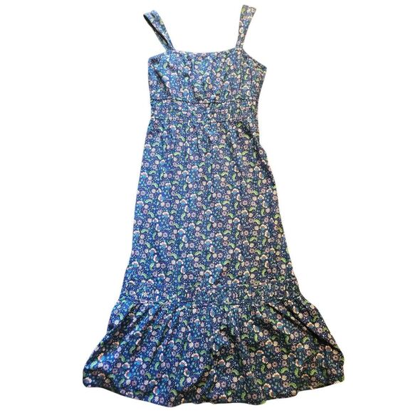 LOFT Dress Women's Large Blue Floral Shirred Flounce Maxi Cotton Cottage - Picture 3 of 5